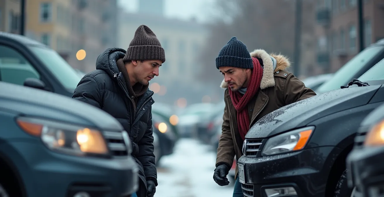 Deux conducteurs évaluant des dommages mineurs sur leurs véhicules dans un stationnement québécois