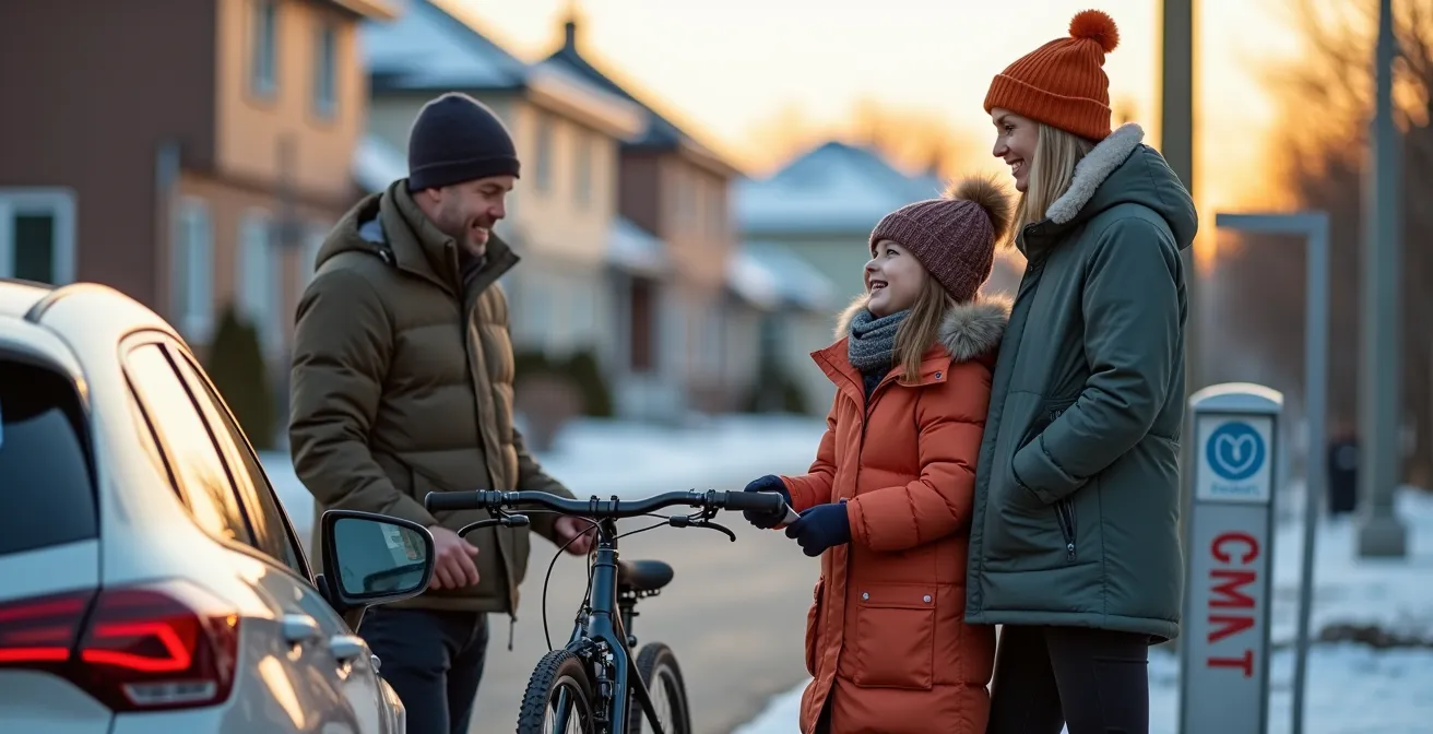Famille québécoise utilisant différents modes de transport dans un environnement de banlieue