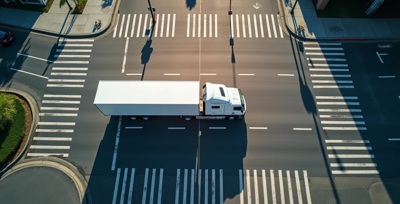 Vue aérienne d'une intersection montrant la trajectoire d'un camion en virage et la zone de danger pour les cyclistes