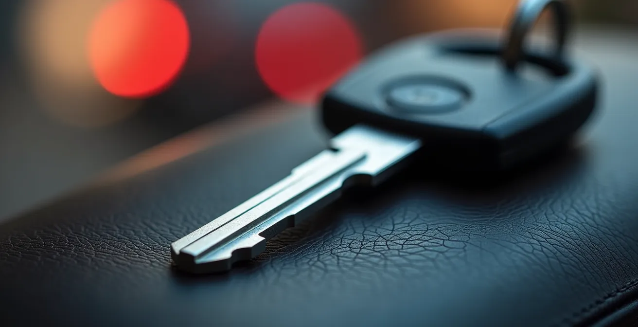 Vue macro de clés de voiture avec porte-clés métallique sur surface texturée