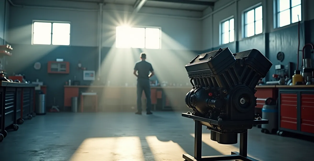 Vue d'ensemble d'un atelier de mécanique québécois avec un moteur sur un support de montage