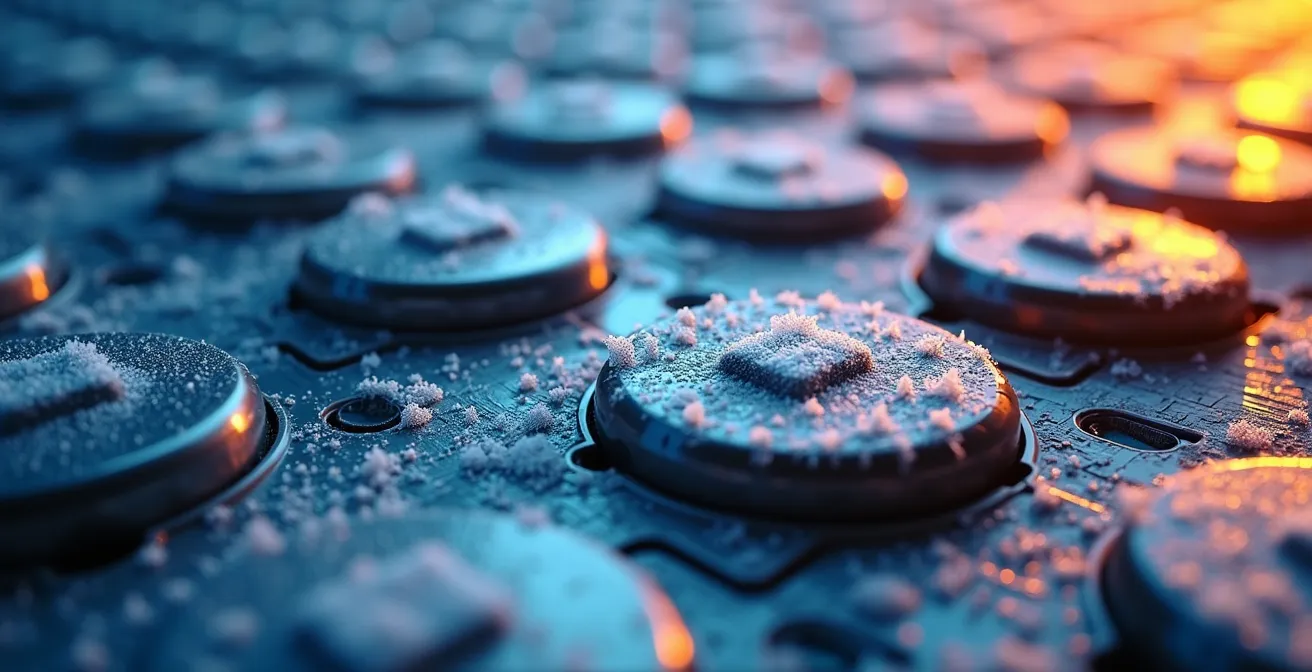 Vue macro d'une batterie de véhicule électrique avec cristaux de givre illustrant l'effet du froid