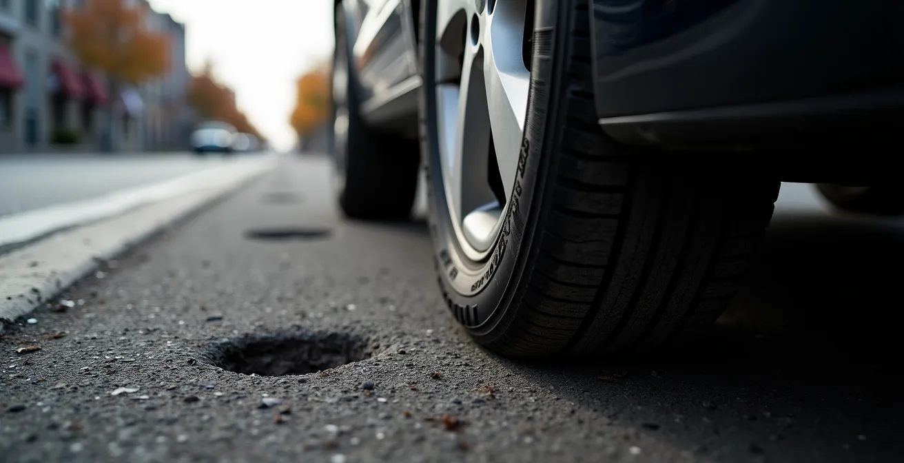 Vue rapprochée d'une hernie sur le flanc d'un pneu automobile montrant la déformation dangereuse du caoutchouc
