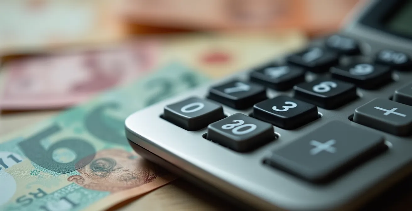 Gros plan sur une calculatrice avec des factures d'auto et des pièces de monnaie canadiennes