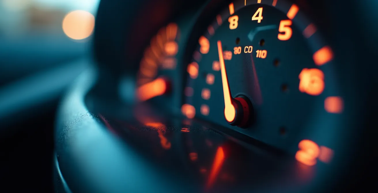 Gros plan sur un compteur kilométrique de voiture avec reflets lumineux