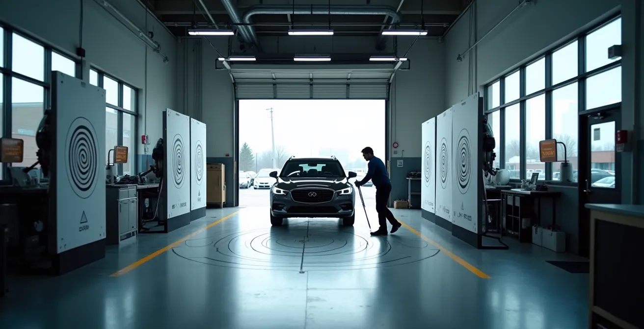 Technicien effectuant le calibrage d'une caméra ADAS dans un atelier automobile québécois