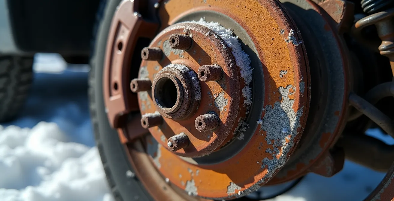 Gros plan sur un capteur de vitesse de roue recouvert de rouille et de dépôts de sel cristallisé, montrant les effets destructeurs des traitements routiers de l'hiver québécois.