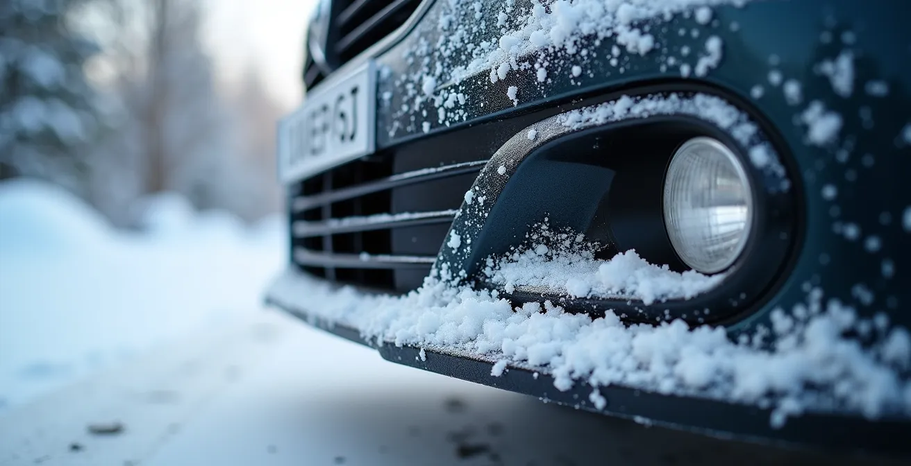 Gros plan sur un pare-chocs avant couvert de neige et de calcium masquant les zones de capteurs