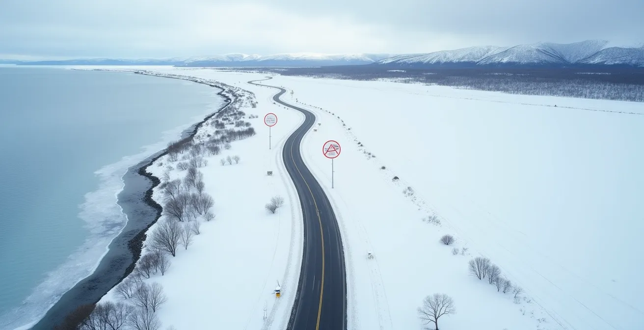 Vue aérienne d'une route côtière enneigée de Gaspésie avec indication abstraite des points de recharge