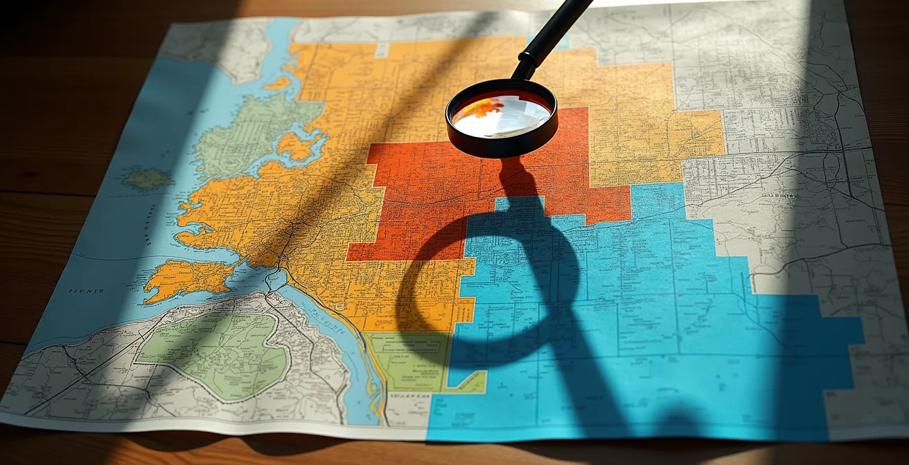 Vue aérienne stylisée de l'île de Montréal avec graduation de couleurs chaudes à froides représentant les différents niveaux de risque par quartier