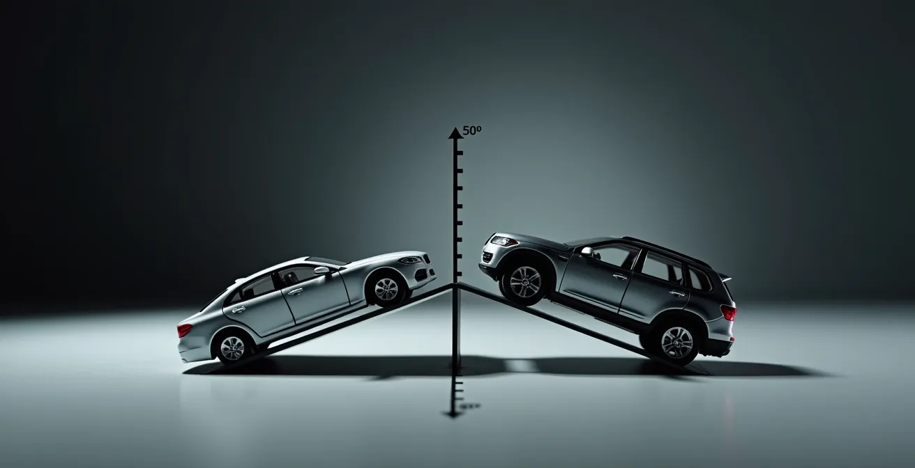 Comparaison technique du centre de gravité entre un VUS et une berline illustrant le risque de tonneau