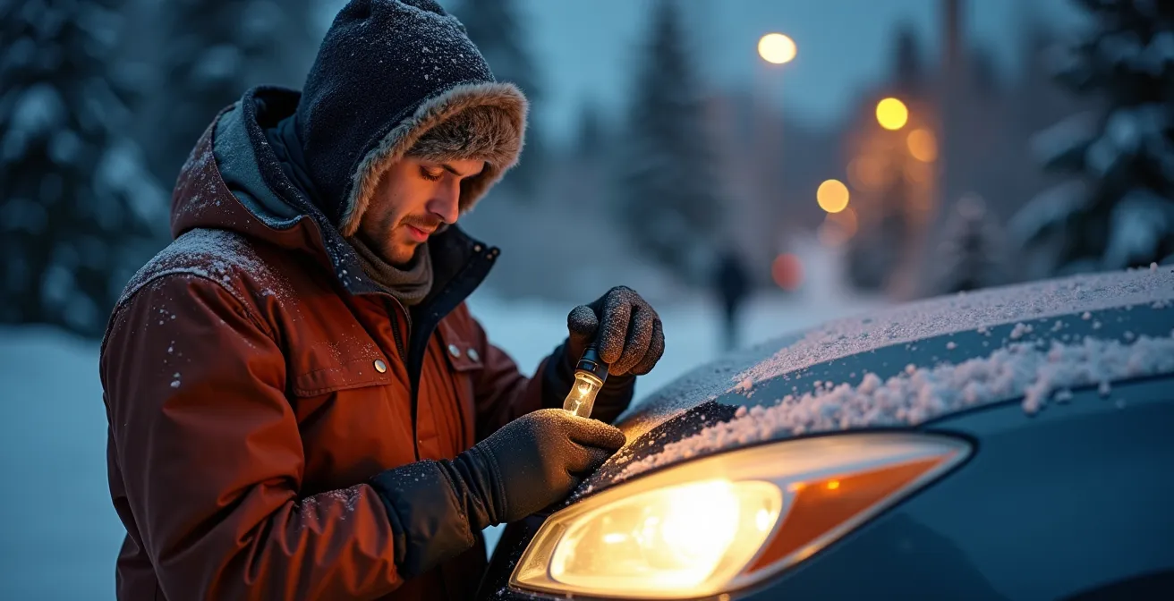 Mécanicien changeant une ampoule de phare par temps froid hivernal