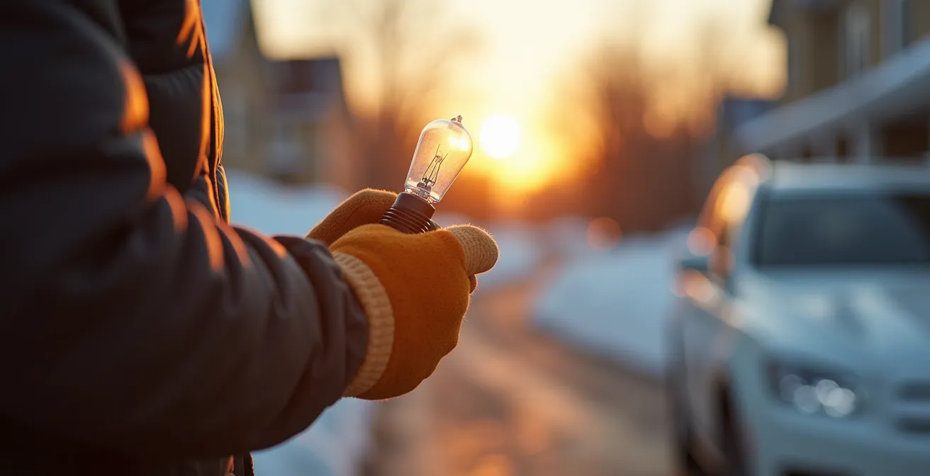 Main d'une personne tenant une ampoule de phare neuve, avec l'arrière d'une voiture en arrière-plan dans une entrée de garage québécoise.