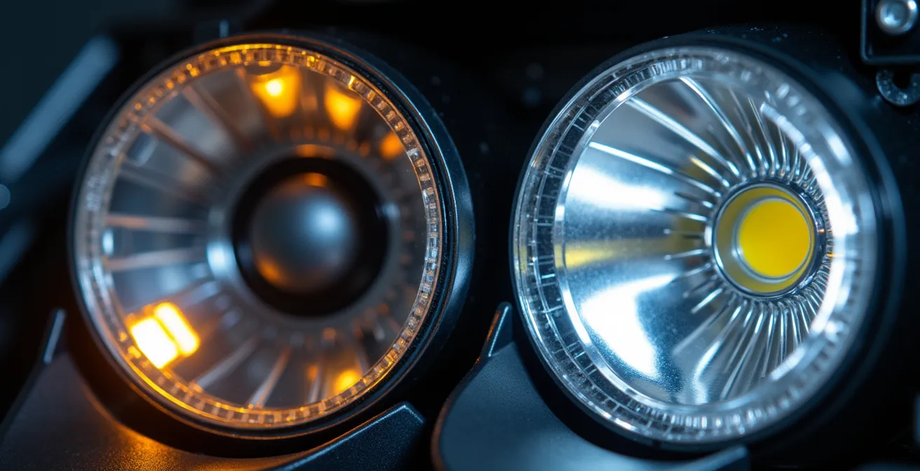 Comparaison technique entre un bloc optique halogène d'origine et un kit DEL de remplacement non conforme