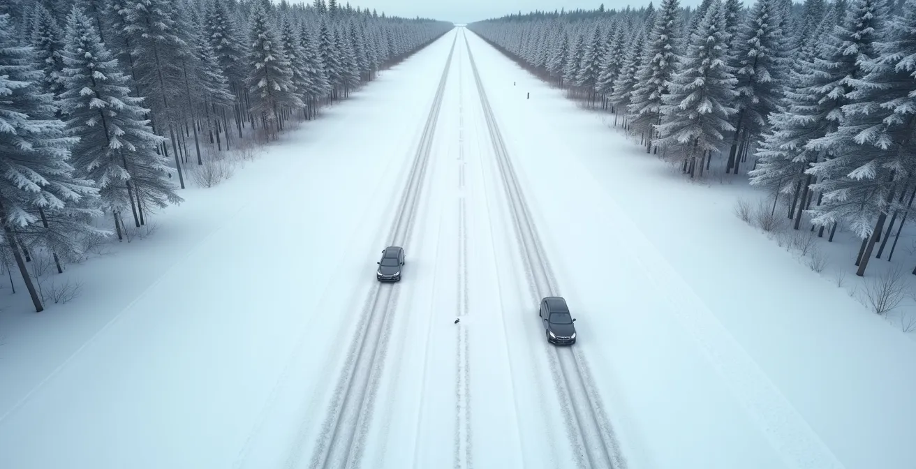 Visualisation de la distance de freinage sur route glacée québécoise montrant la différence entre des pneus neufs et usés