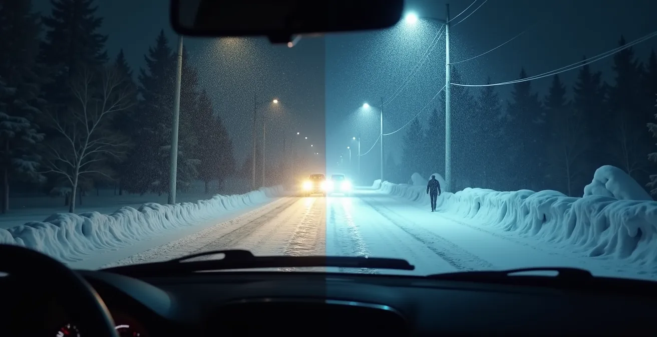 Comparaison visuelle de l'effet de différentes températures de couleur des phares dans la poudrerie québécoise