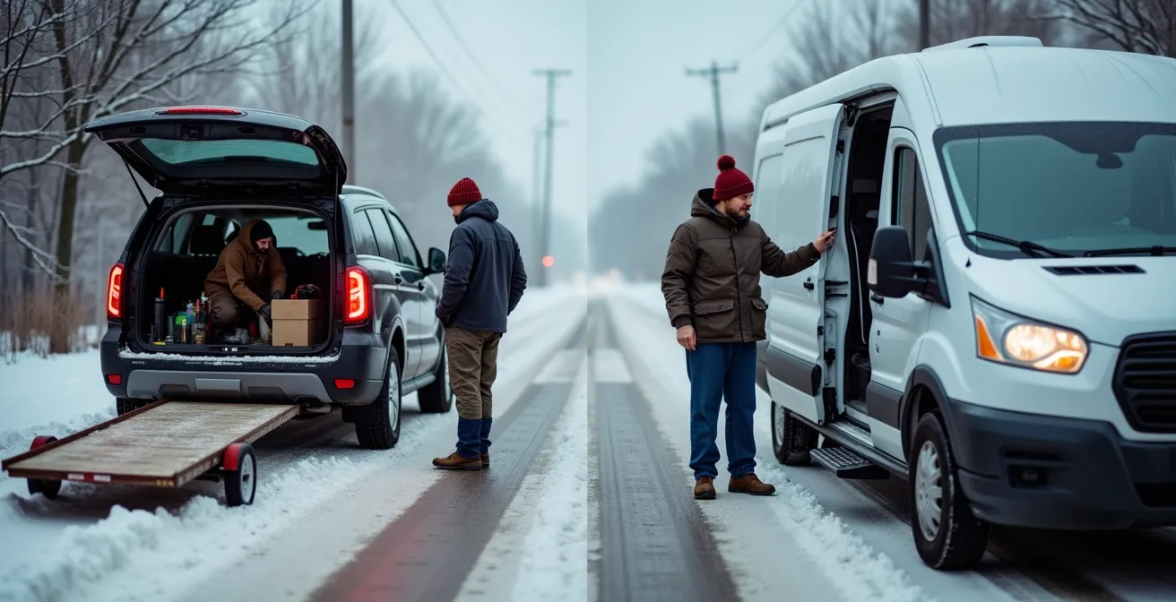 Vue latérale comparative d'un VUS avec remorque et d'une fourgonnette commerciale