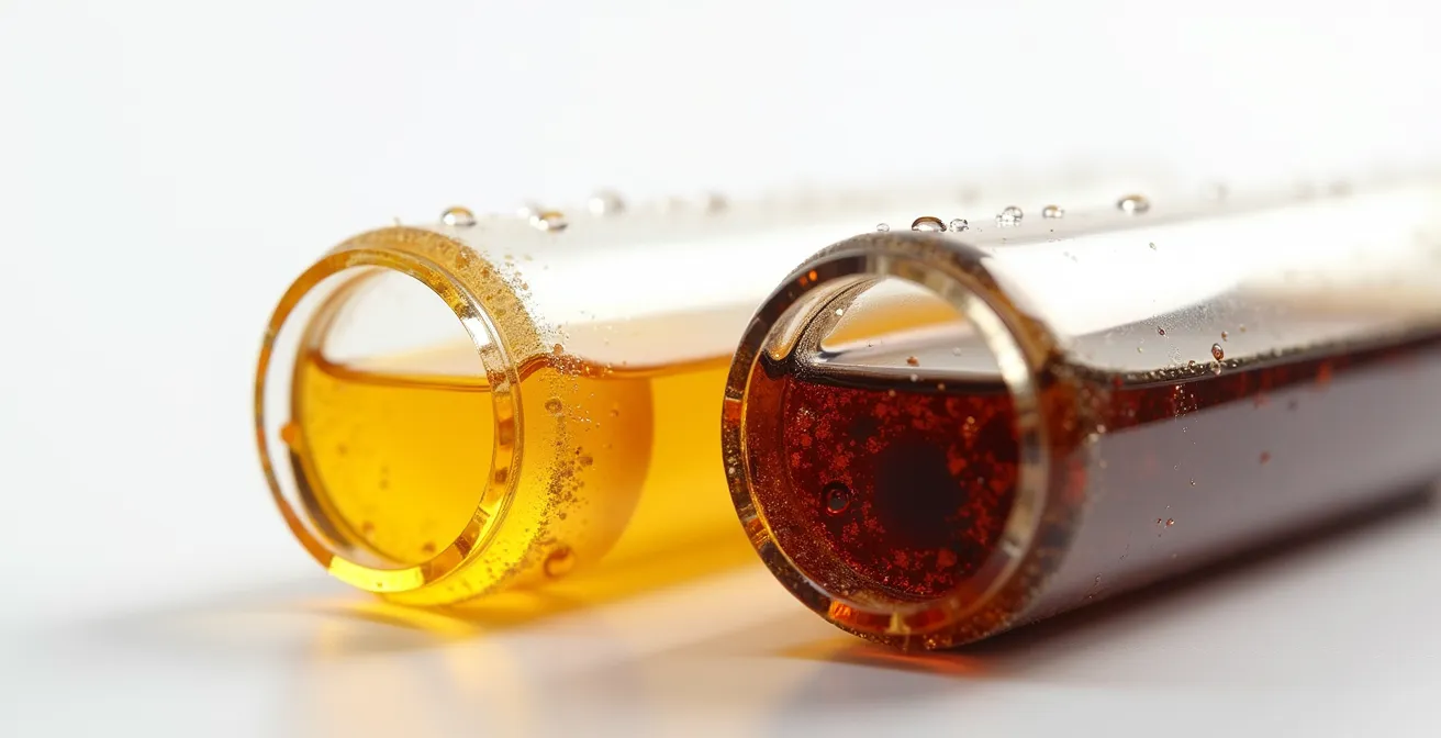 Comparaison macro de deux échantillons de liquide de frein montrant la différence de couleur et de clarté