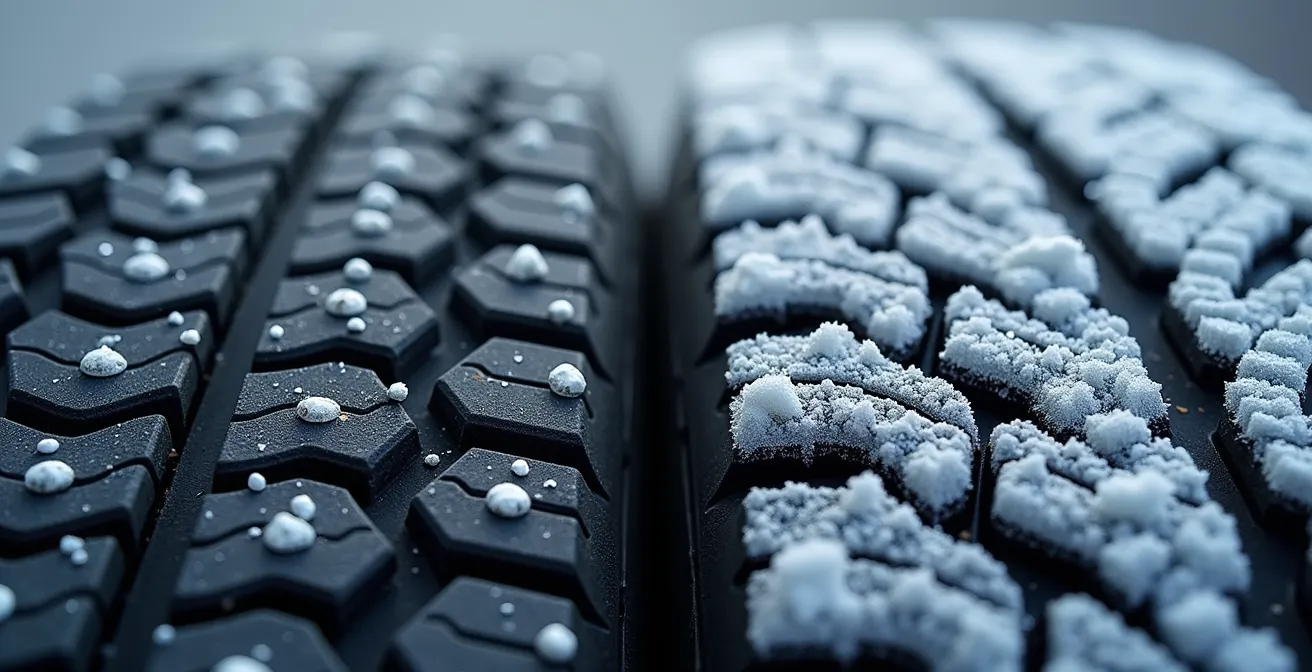 Gros plan comparatif de deux pneus d'hiver montrant la différence entre crampons et lamelles