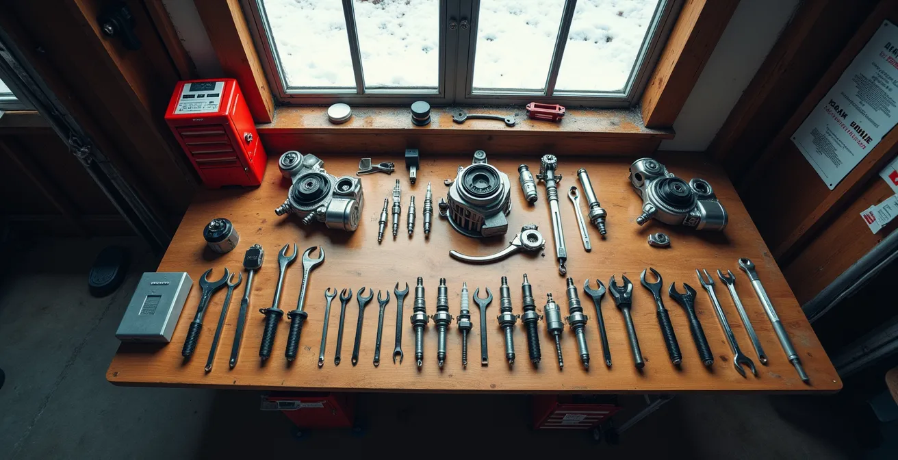 Vue aérienne d'un établi avec outils diagnostiques et pièces disposées selon un ordre progressif