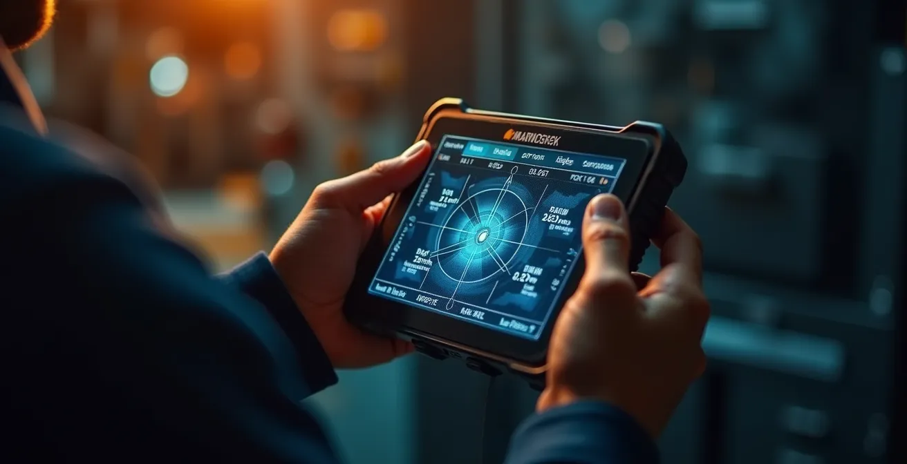 Mécanicien utilisant un outil de diagnostic professionnel connecté au système airbag