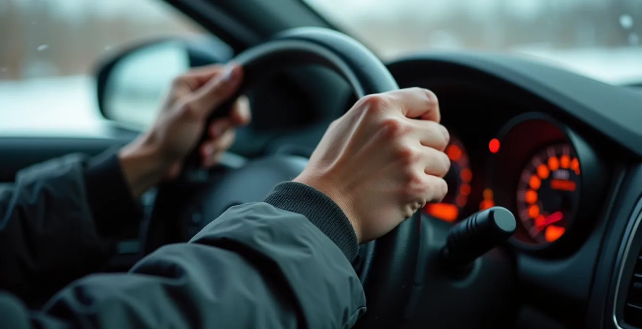 Gros plan sur les mains d'un conducteur ressentant les vibrations du volant lors du freinage