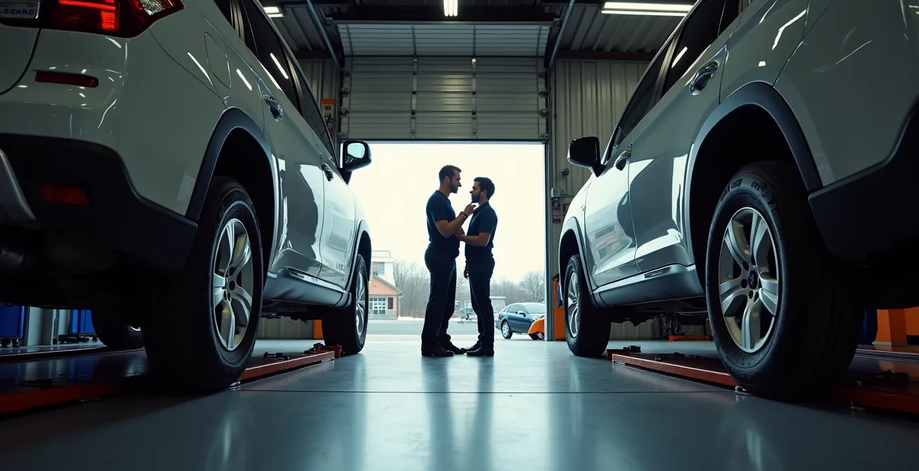 Client discutant avec un mécanicien dans un garage au Québec