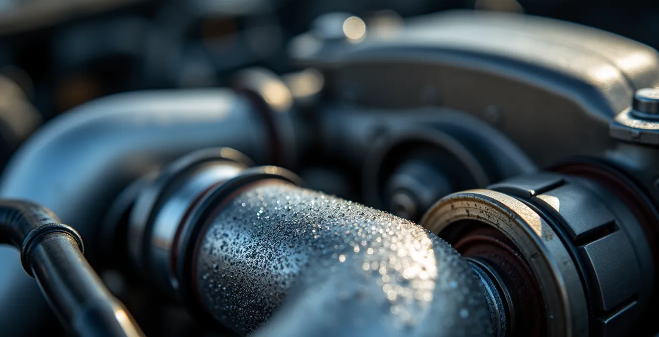 Gros plan macro sur des composants de moteur avec traces de givre et textures métalliques détaillées