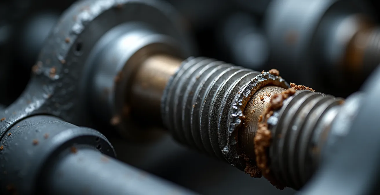 Inspection macro d'une pièce automobile montrant des traces d'installation forcée