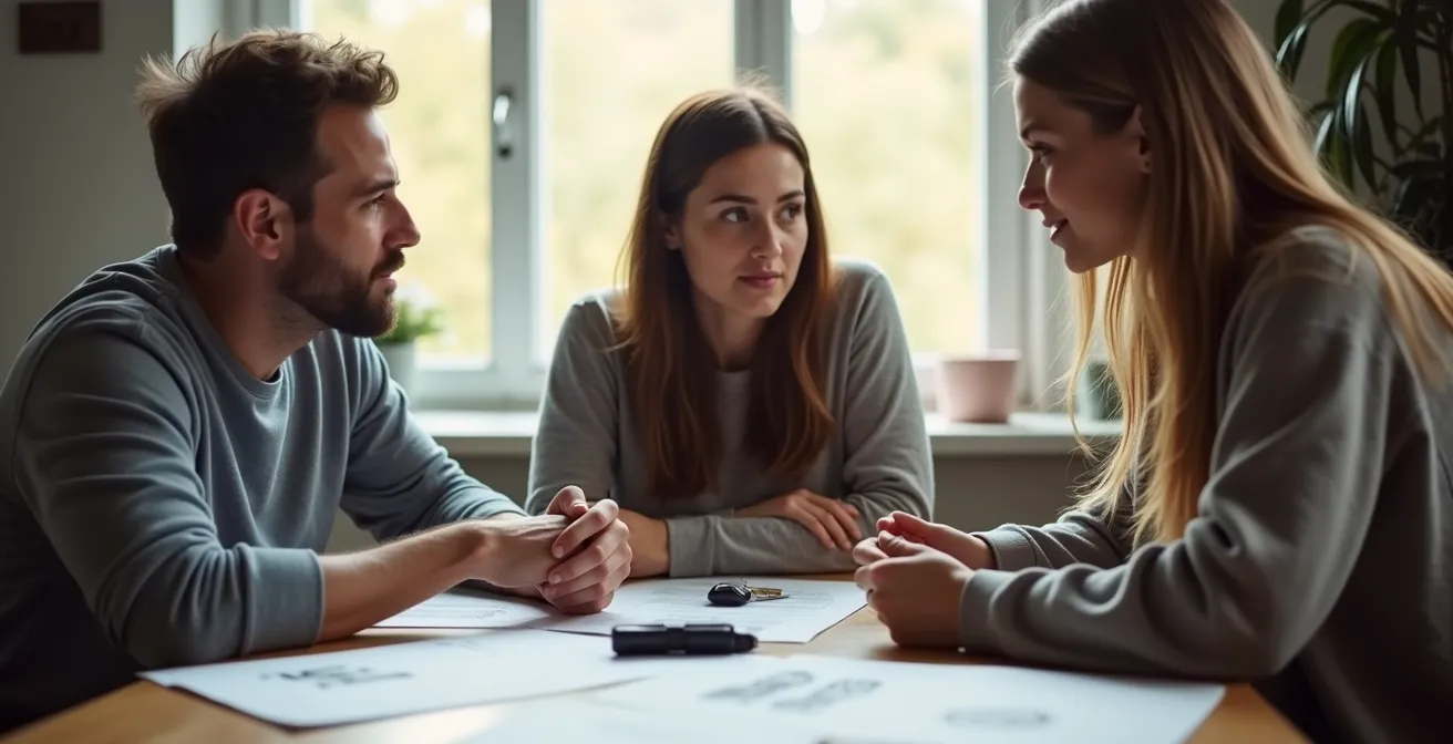 Parents et adolescent discutant autour d'une table avec clés de voiture et documents flous en arrière-plan