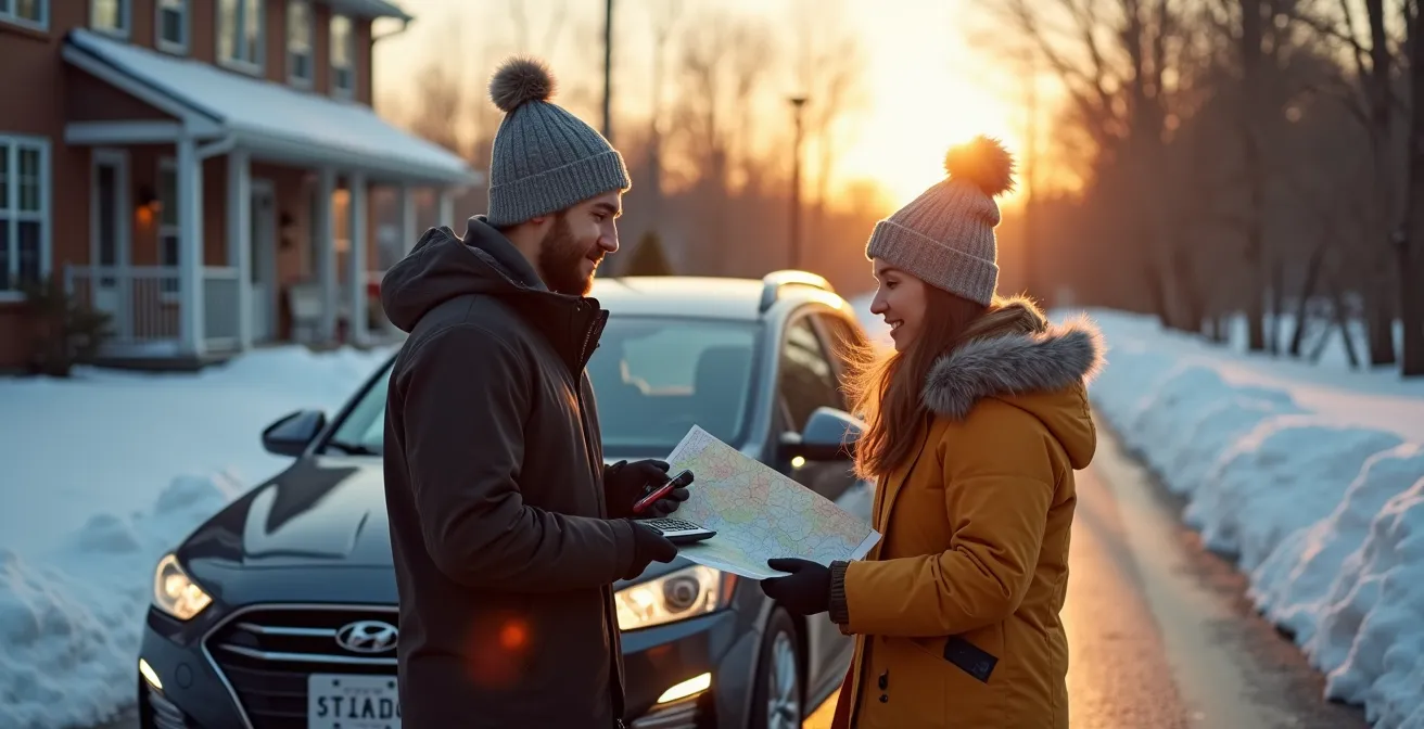 Couple québécois consultant une carte de transport en commun devant leur garage avec une voiture
