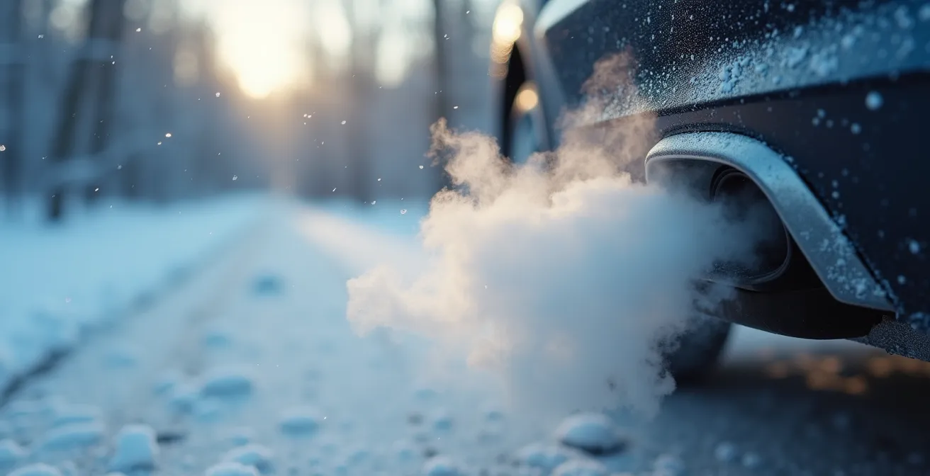Gros plan sur un tuyau d'échappement émettant de la fumée blanche dans un environnement hivernal québécois