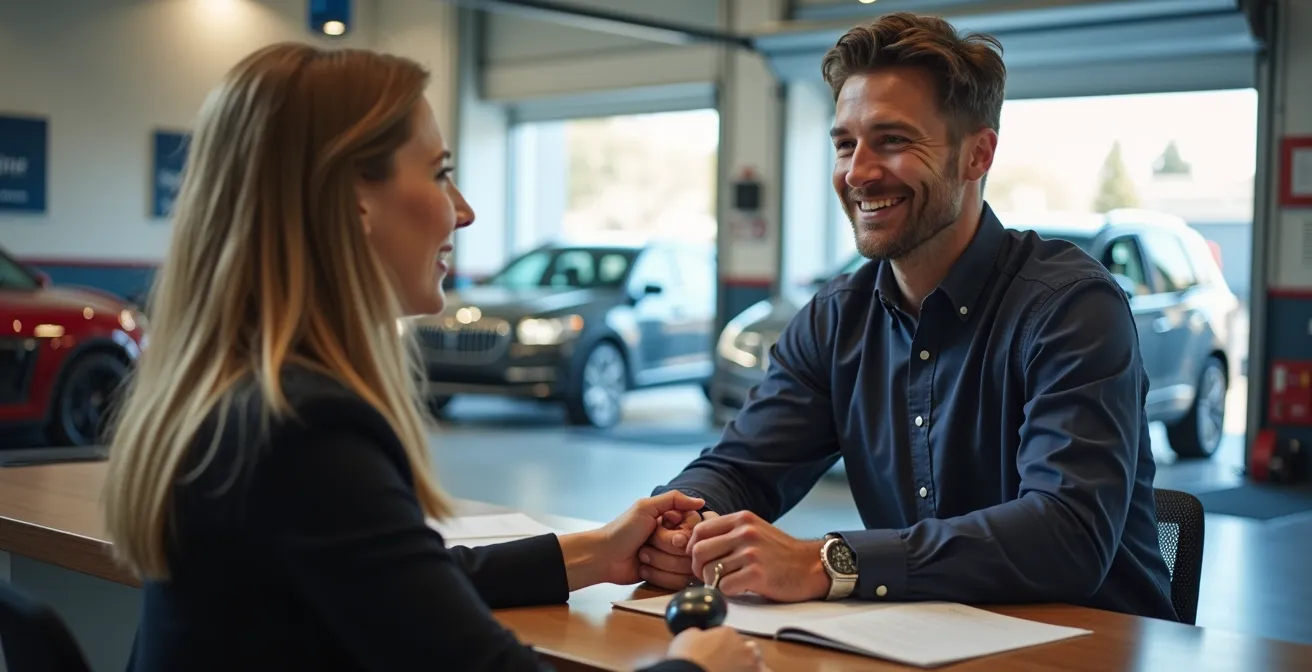 Intérieur moderne d'un garage automobile avec zone d'accueil client et véhicules en réparation