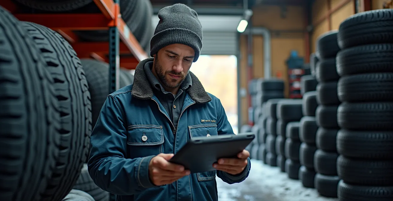 Intérieur de garage québécois avec un large inventaire de pneus d'hiver en octobre