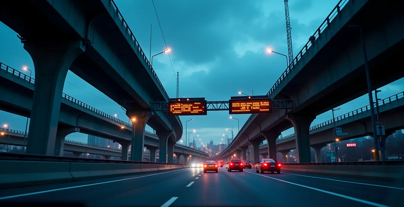 Intersection routière américaine avec infrastructure de contrôle de circulation complexe