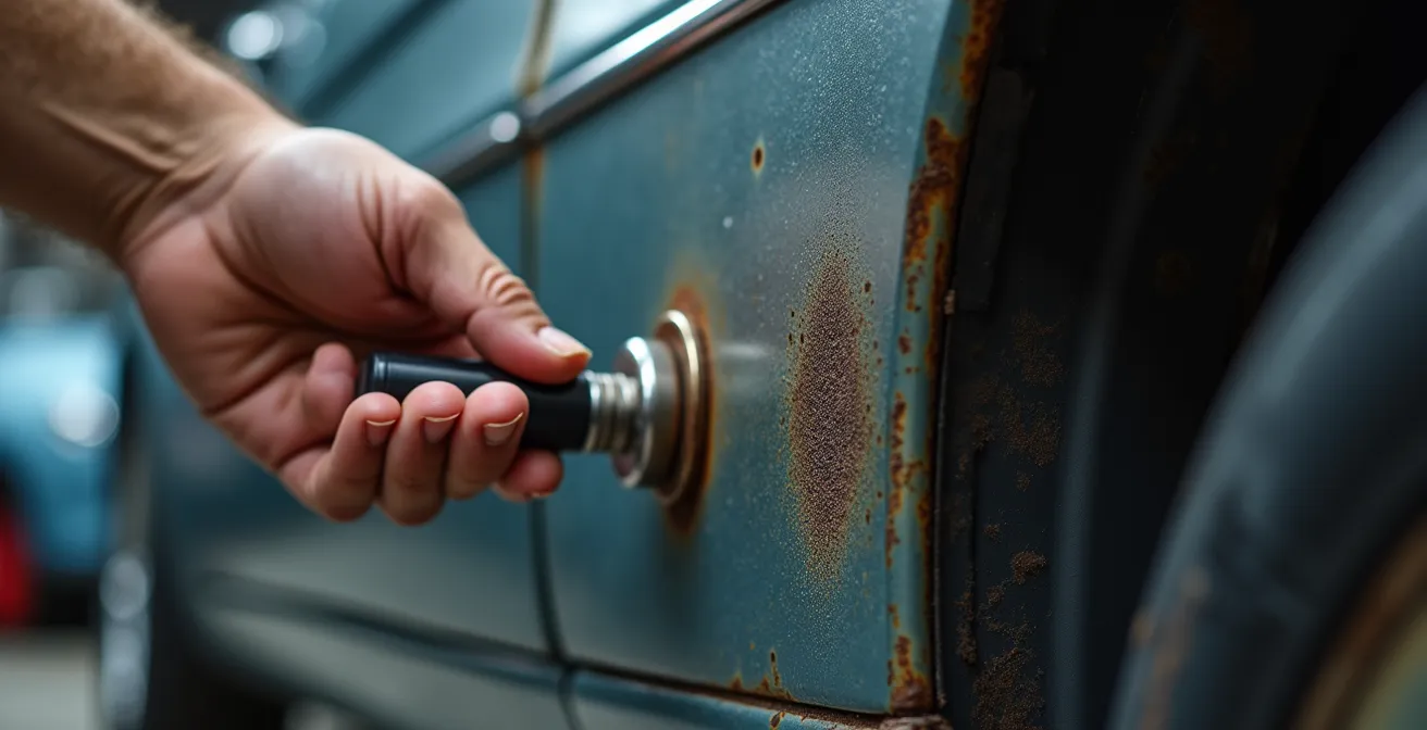 Gros plan sur une main inspectant le bas de caisse d'une voiture avec un aimant pour détecter des réparations cachées.