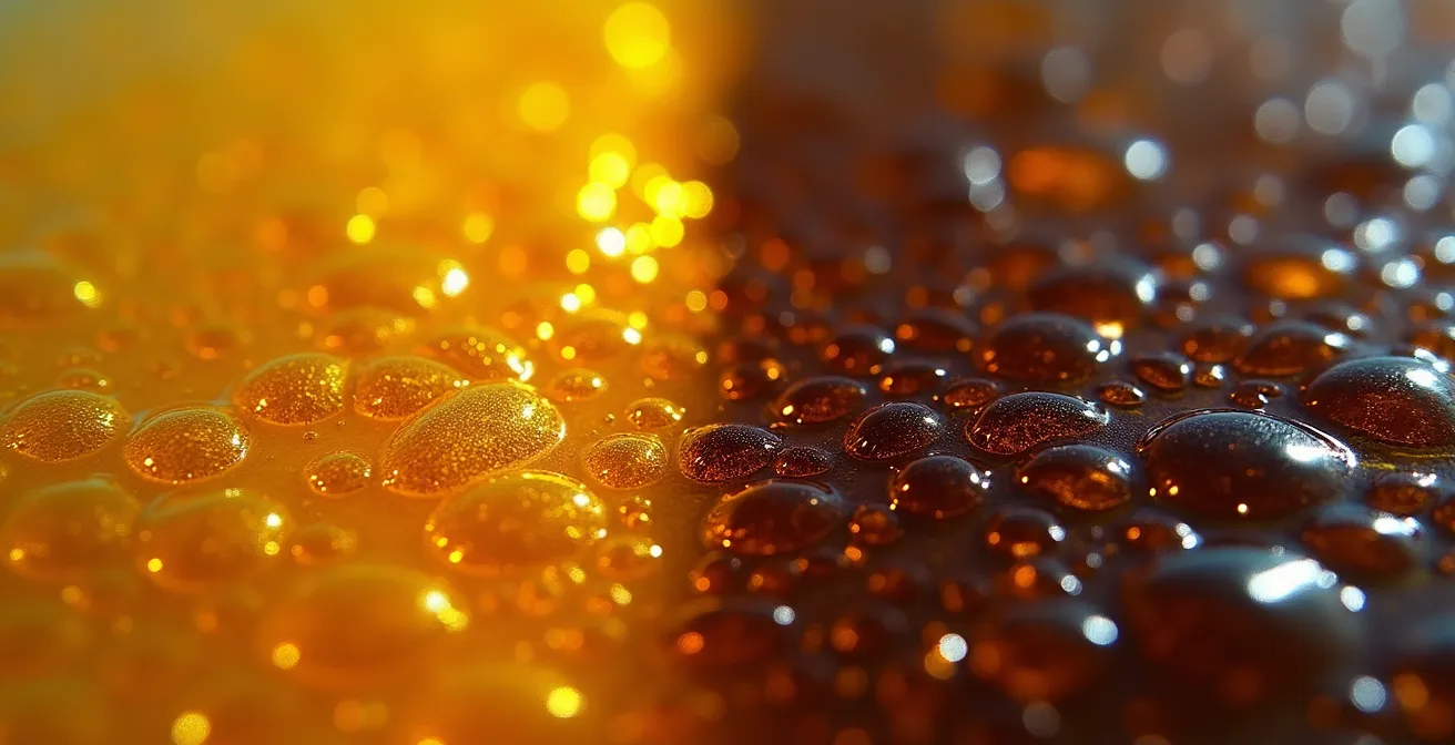 Comparaison visuelle entre liquide de frein neuf doré et liquide usé brun foncé