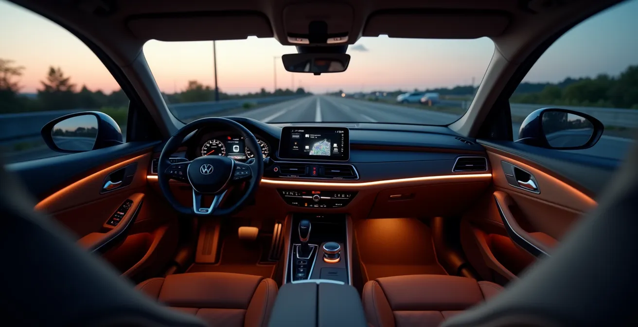 Intérieur de véhicule avec éclairage d'ambiance DEL subtil sous les sièges et tableau de bord