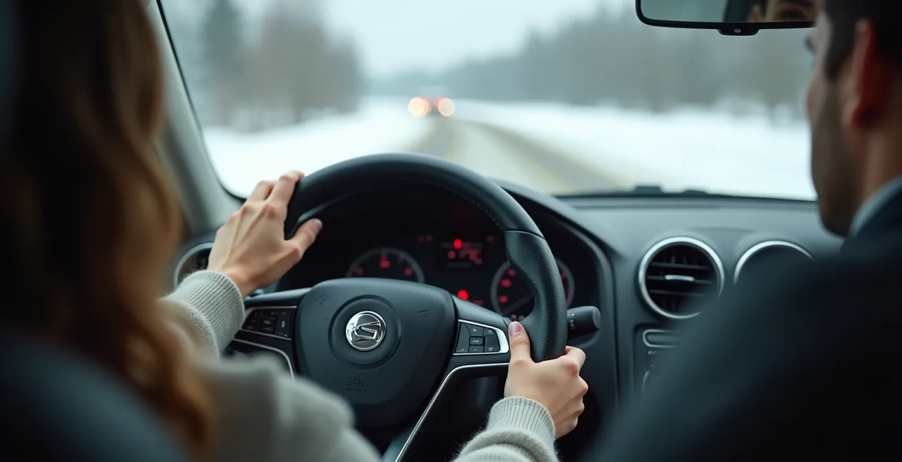 Jeune conducteur pratiquant avec un parent sur une route québécoise enneigée