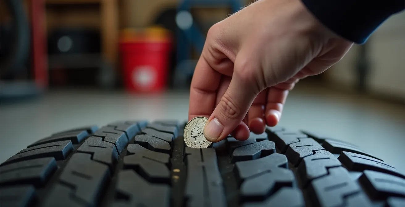 Main tenant une pièce de 25 cents canadienne insérée dans la rainure d'un pneu pour mesurer l'usure