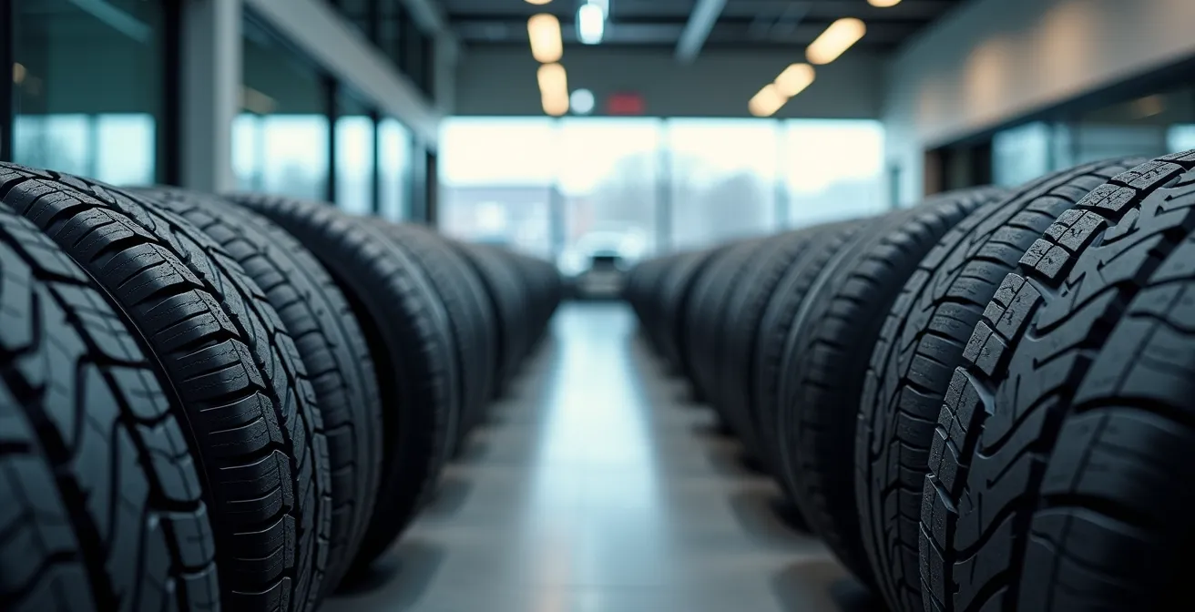 Pneus d'hiver exposés dans un showroom automobile québécois avec lumière naturelle