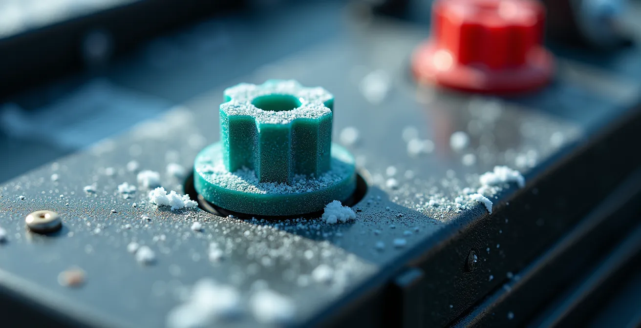 Vue macro d'une borne de batterie automobile avec corrosion bleu-vert et bicarbonate de soude en train de la neutraliser.