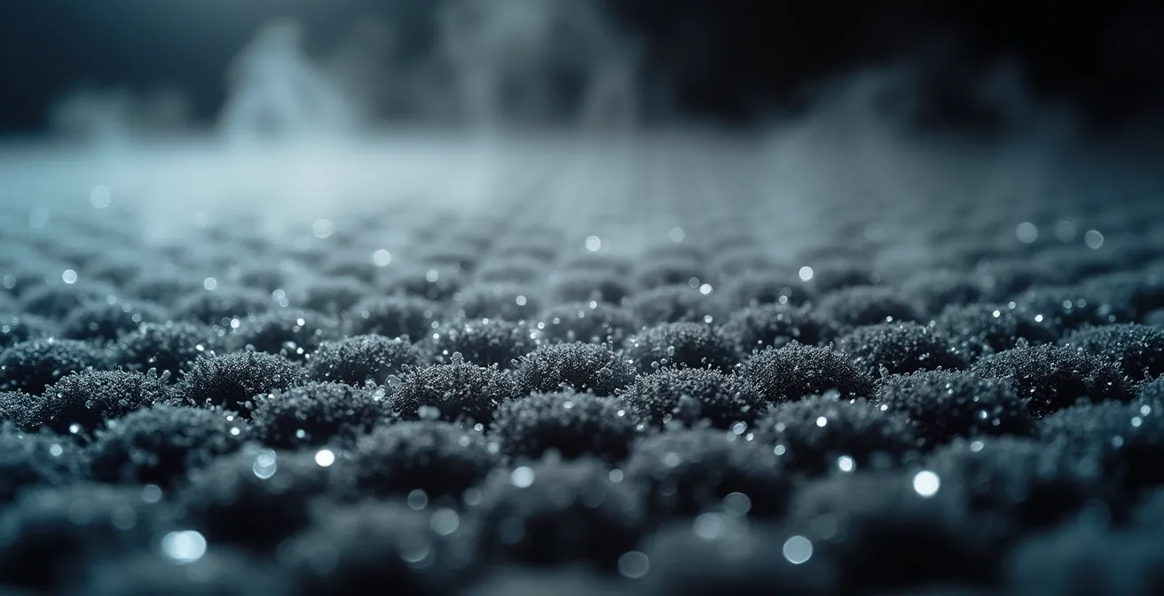 Gros plan macro sur un tapis automobile montrant la texture des fibres et des résidus blancs de calcium