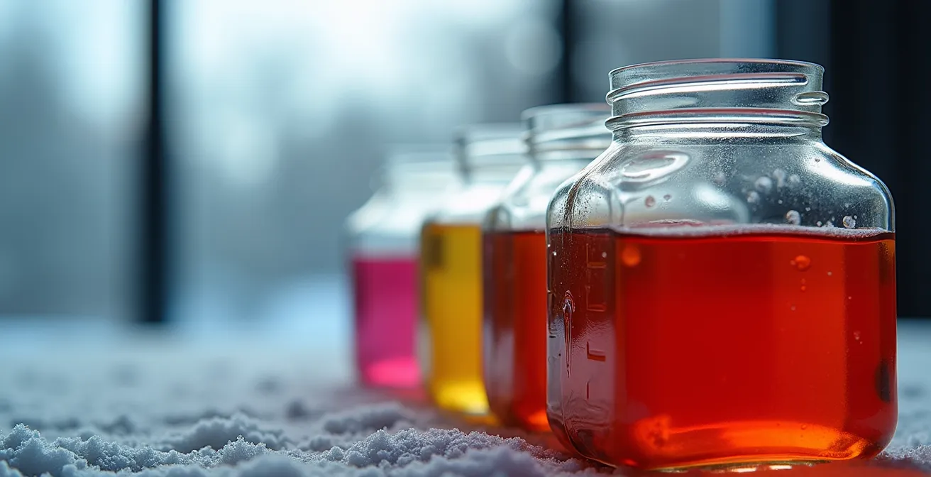 Gros plan sur différents liquides automobiles colorés dans des contenants transparents