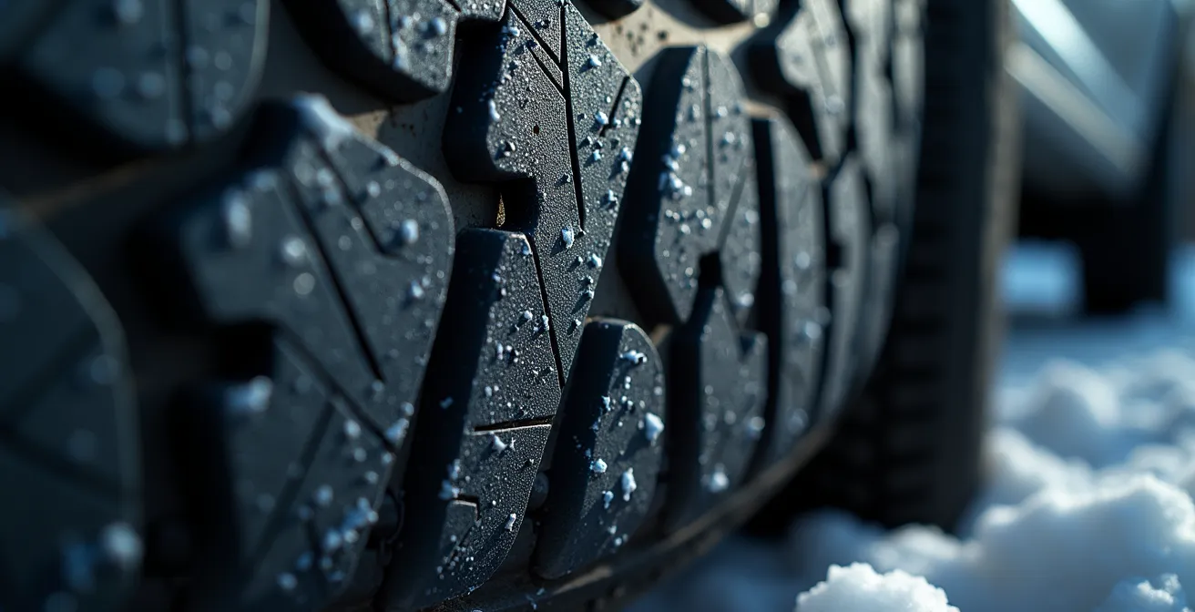 Gros plan sur un pneu d'hiver avec le pictogramme de la montagne et du flocon en relief sur le flanc.