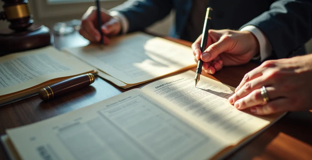 Bureau d'avocat avec documents juridiques et preuves organisées pour une défense en cour