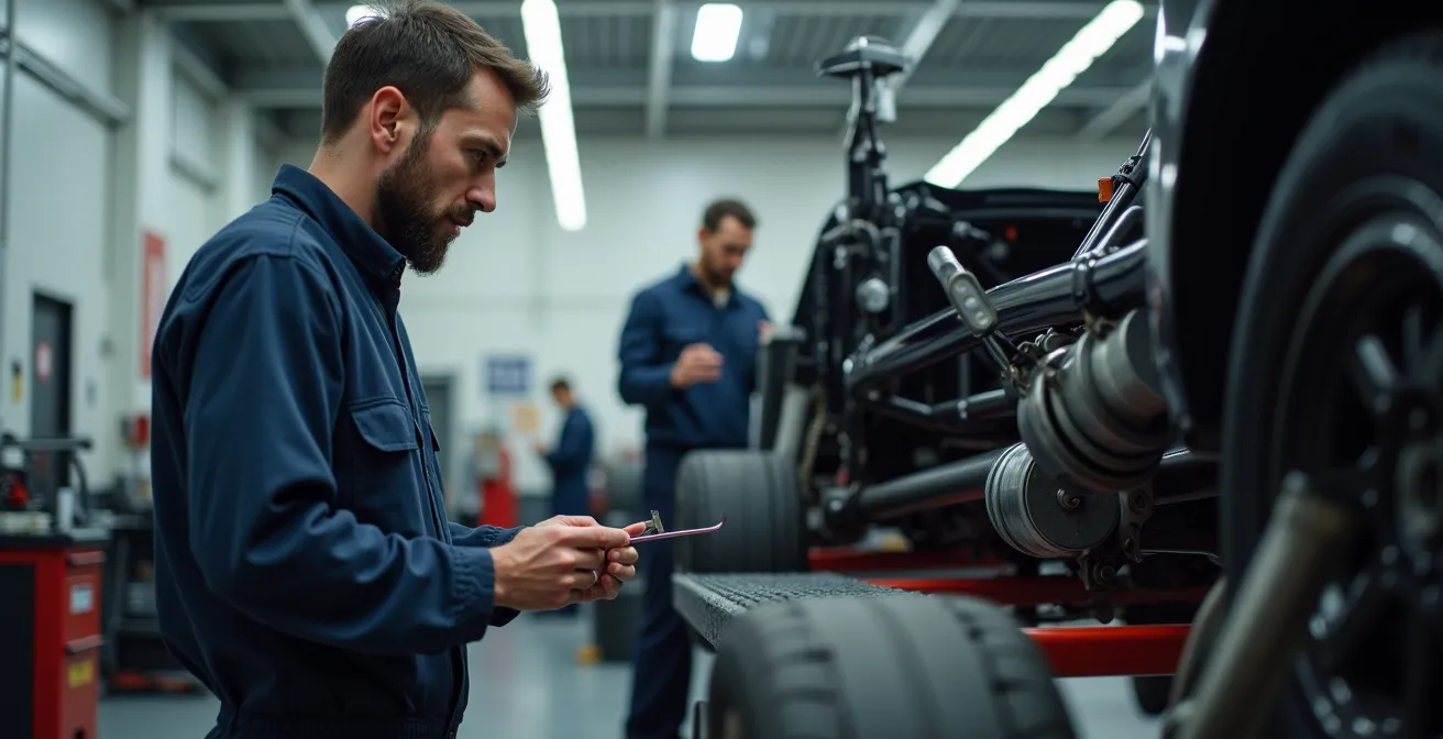 Mécanicien inspectant un véhicule modifié dans un garage certifié avec équipements de vérification