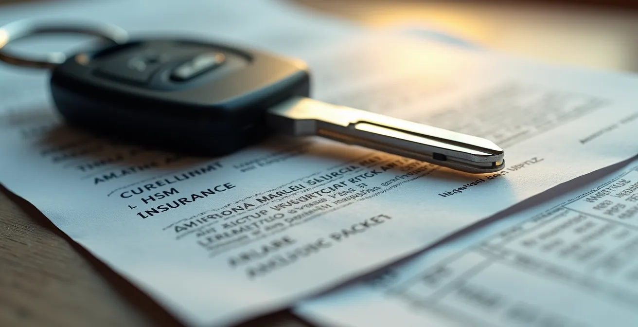Vue macro détaillée de documents d'assurance avec reflets métalliques d'une clé de voiture
