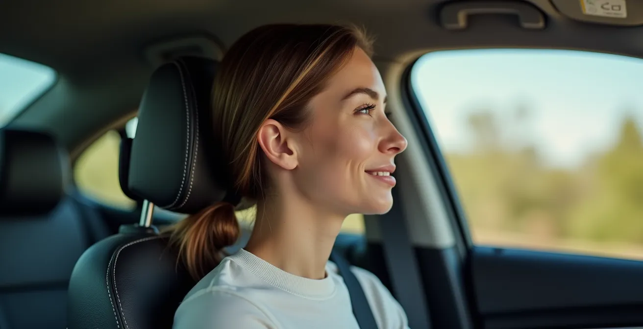 Profil d'une personne dans un siège auto montrant le bon alignement de l'appui-tête avec le sommet du crâne