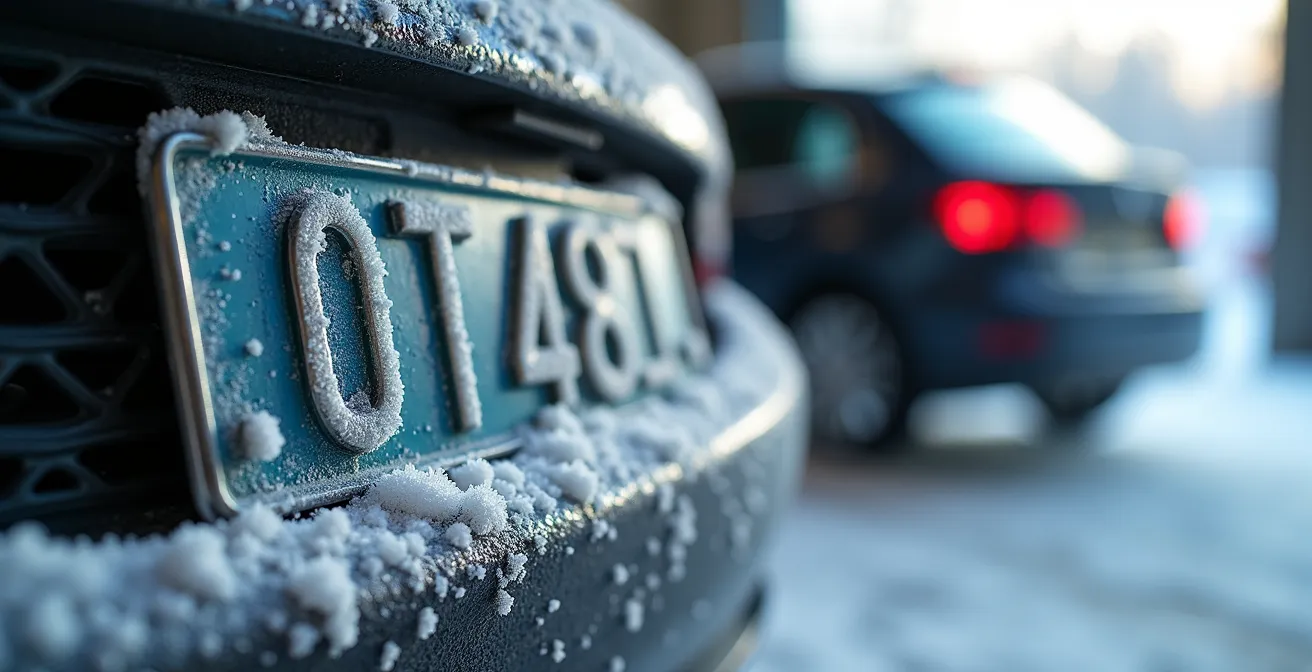 Gros plan macro sur une plaque d'immatriculation québécoise couverte de givre avec garage flou en arrière-plan